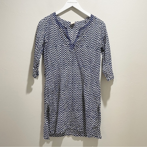 YALA Women’s Blue Zig Zag Stripe Organic Cotton Tunic Top Embroidered Size Small - Picture 1 of 6